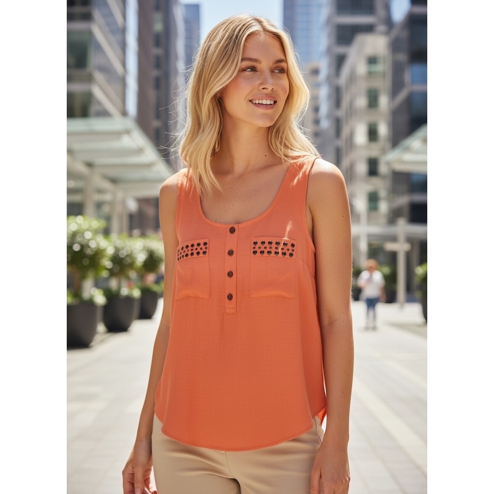 Blu Pepper Studded Pocket Henley Tank Top Womens Small Orange Boho Summer Flowy